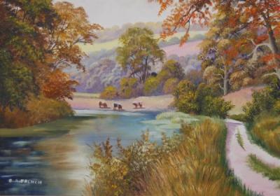 Autumn Lake and Three Cows